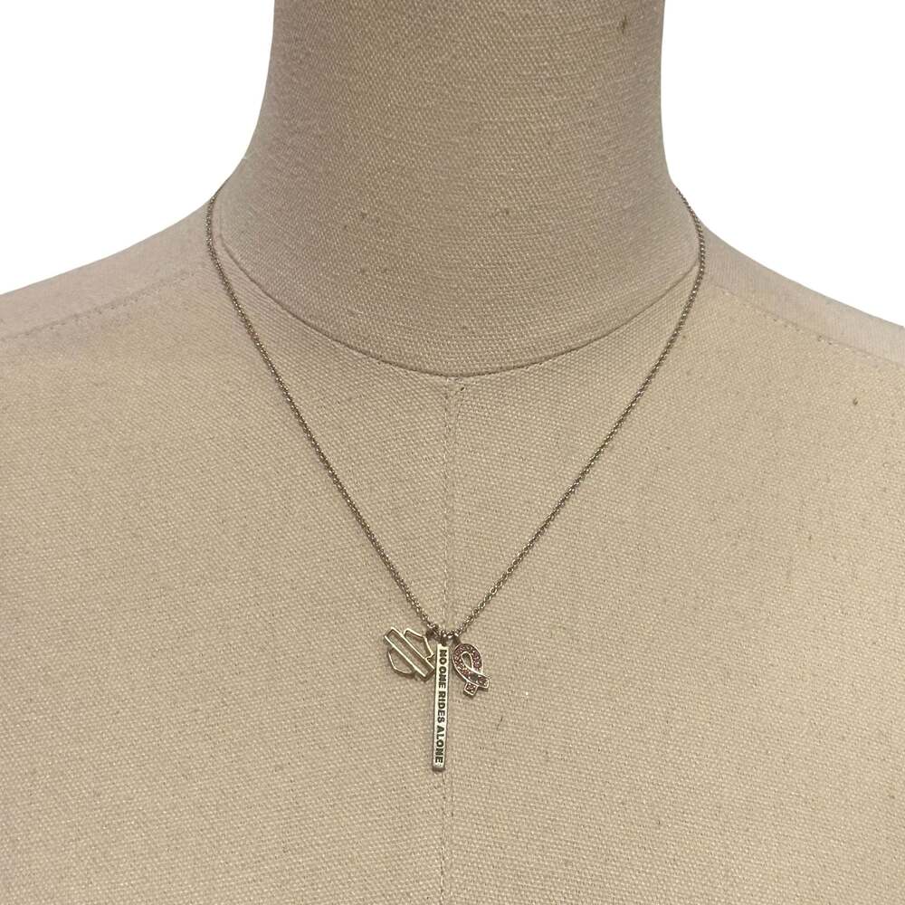 Harley-Davidson No One Rides Alone Pink Ribbon & Bar and Shield Charm Necklace
